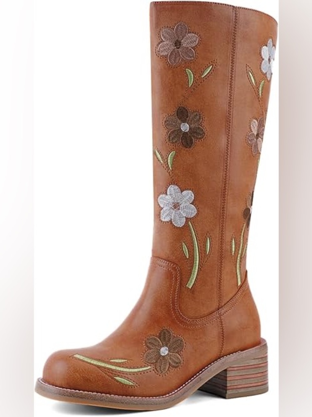 Women's Brown Floral Embroidered Mid-Calf Boots